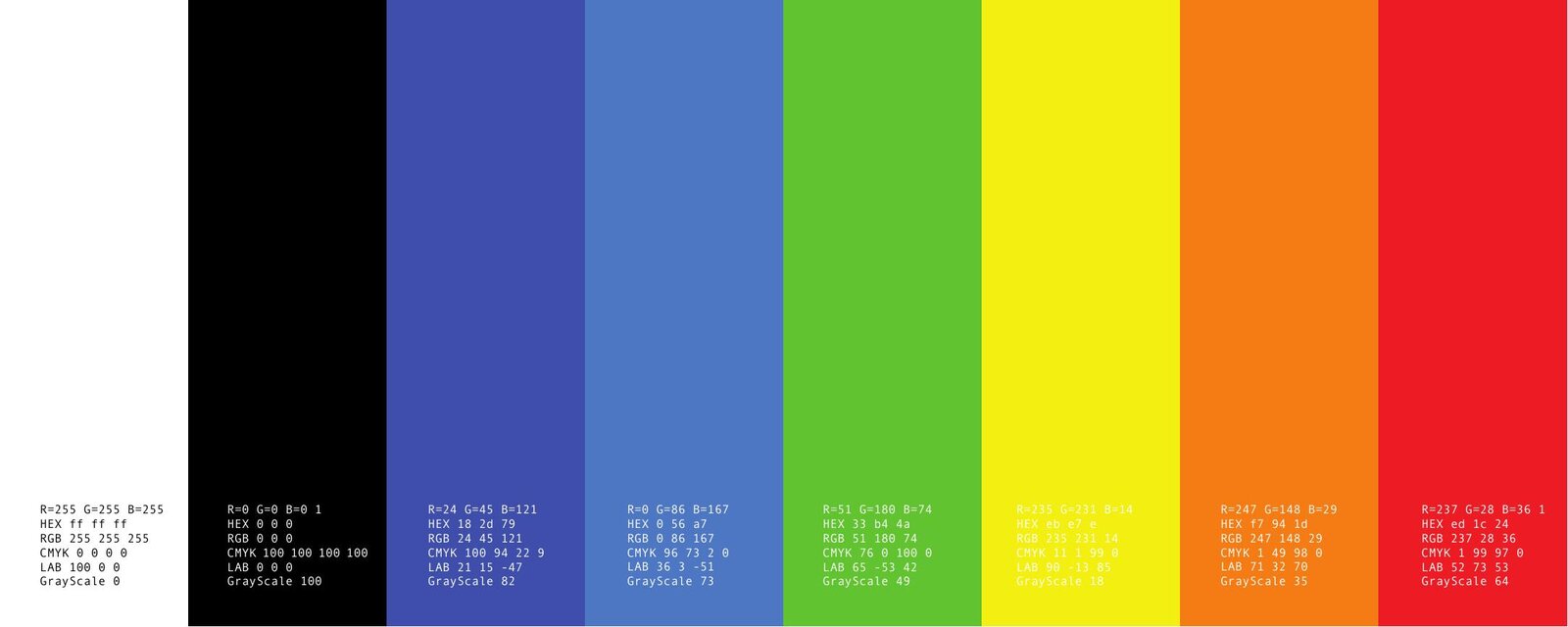 Brand book spread — full color system with values