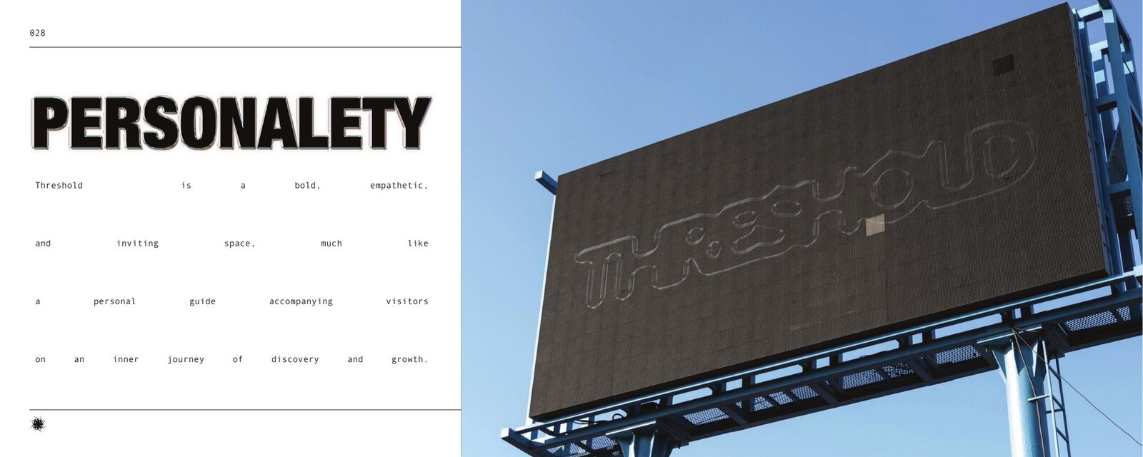 Brand book spread — personality, with the Threshold billboard
