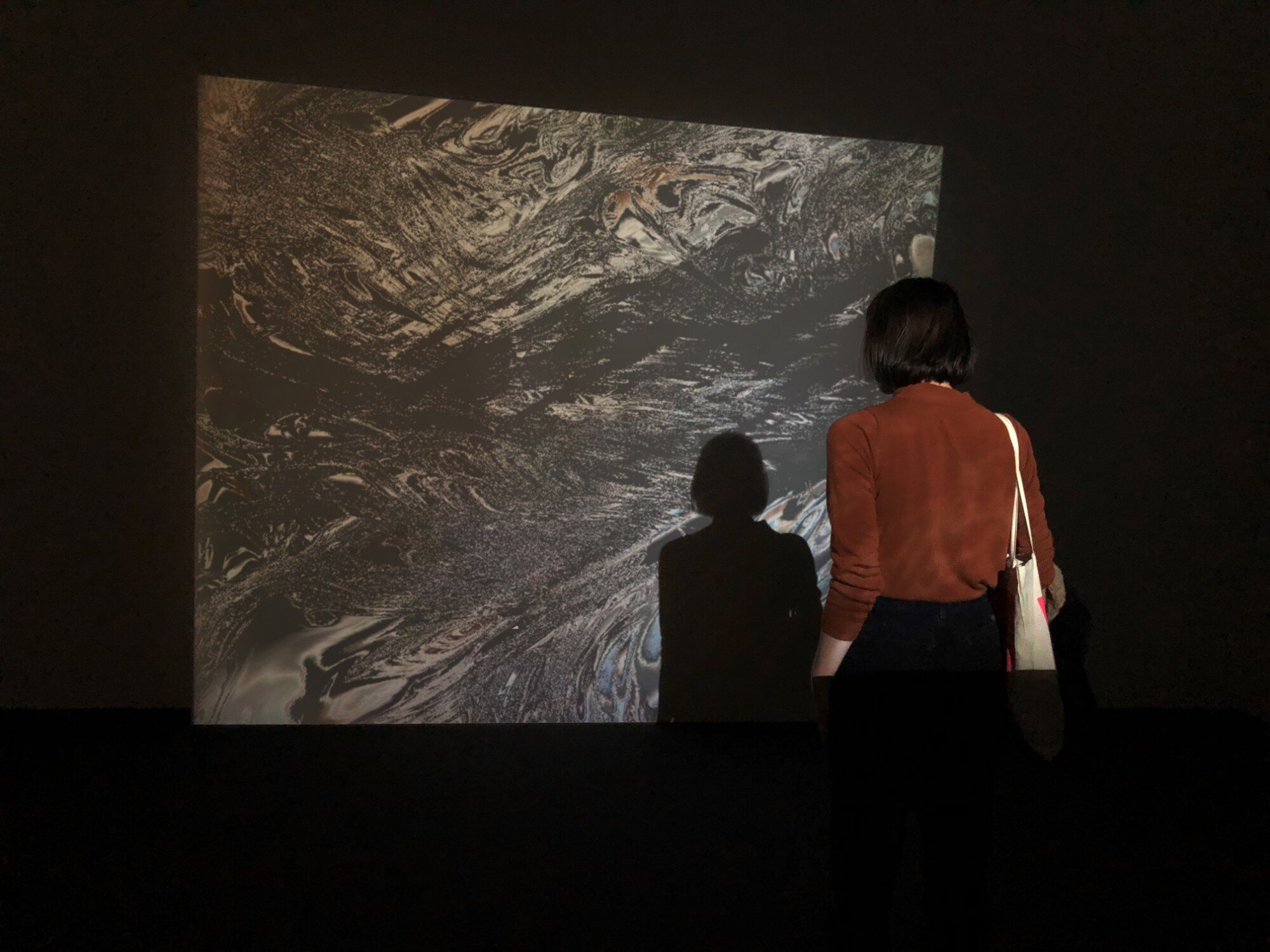 Visitor standing before a Threshold projection, her shadow cast into the work