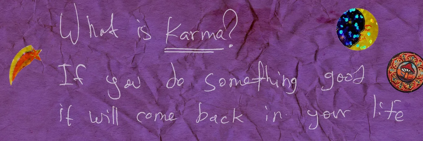 The Karma spread, full width on purple paper