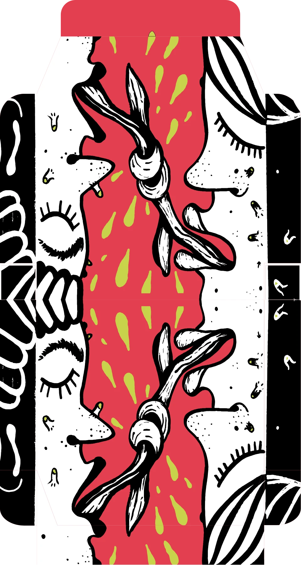 Pizza box exterior, a mirrored illustrated character on red